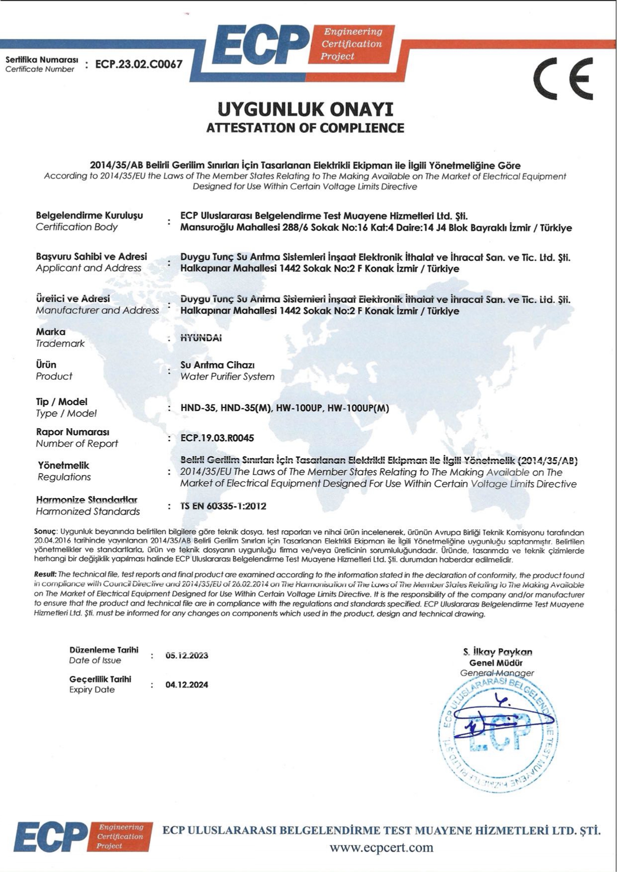 ECP-HW100UP, HND35 Uygunluk Onay Belgesi